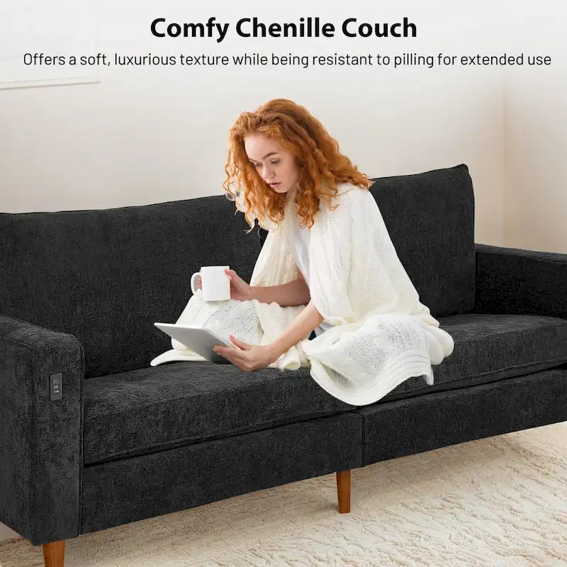 Modern 82 In. Square Arm Chenille Upholstered Rectangle Loveseat Sofa with USB Ports