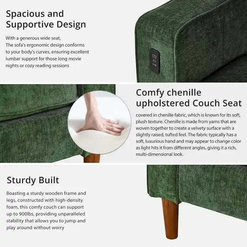 Modern 82 In. Square Arm Chenille Upholstered Rectangle Loveseat Sofa with USB Ports