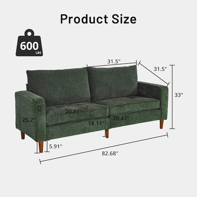 Modern 82 In. Square Arm Chenille Upholstered Rectangle Loveseat Sofa with USB Ports