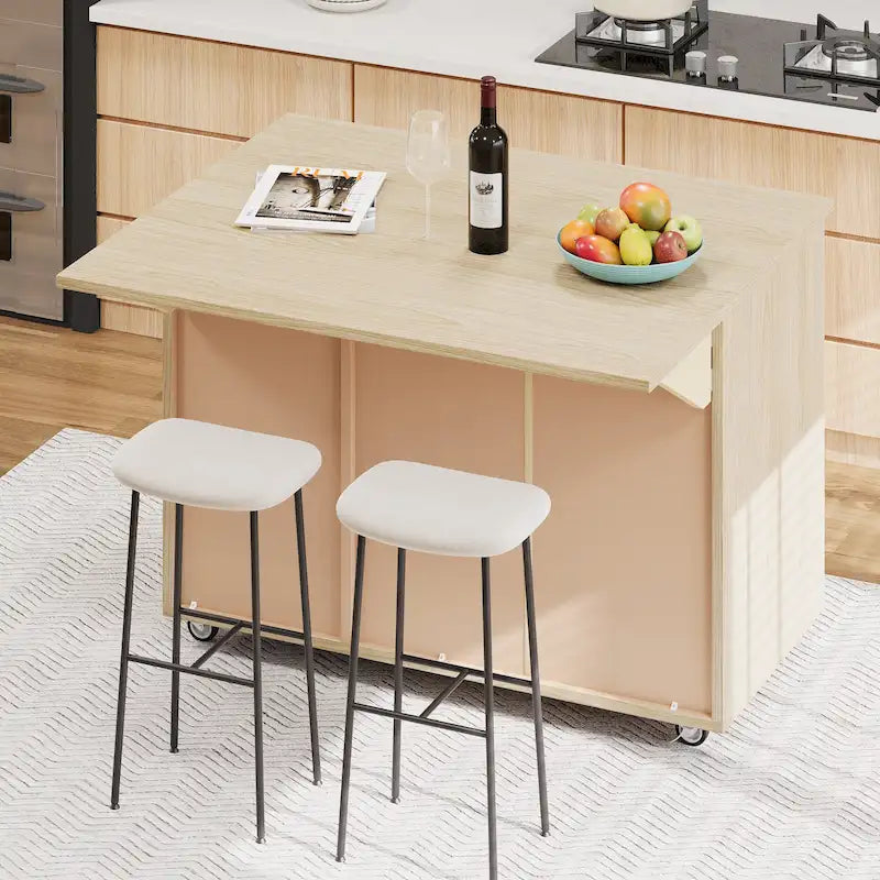 51.2-Inch Ash Veneer Kitchen Island with Drop Leaf, Stool Not Included
