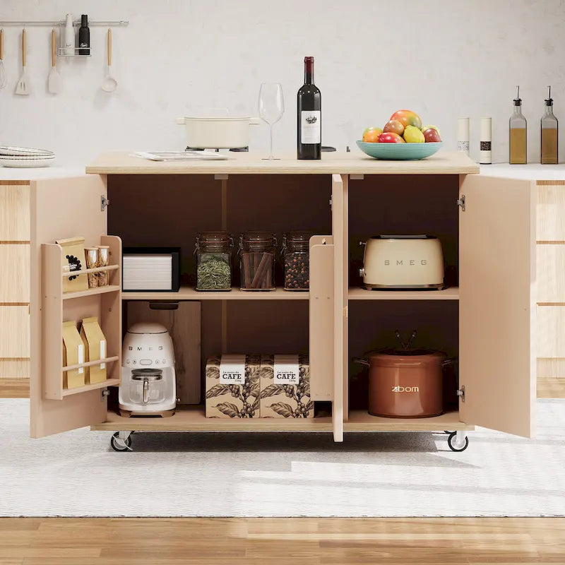 51.2-Inch Ash Veneer Kitchen Island with Drop Leaf, Stool Not Included