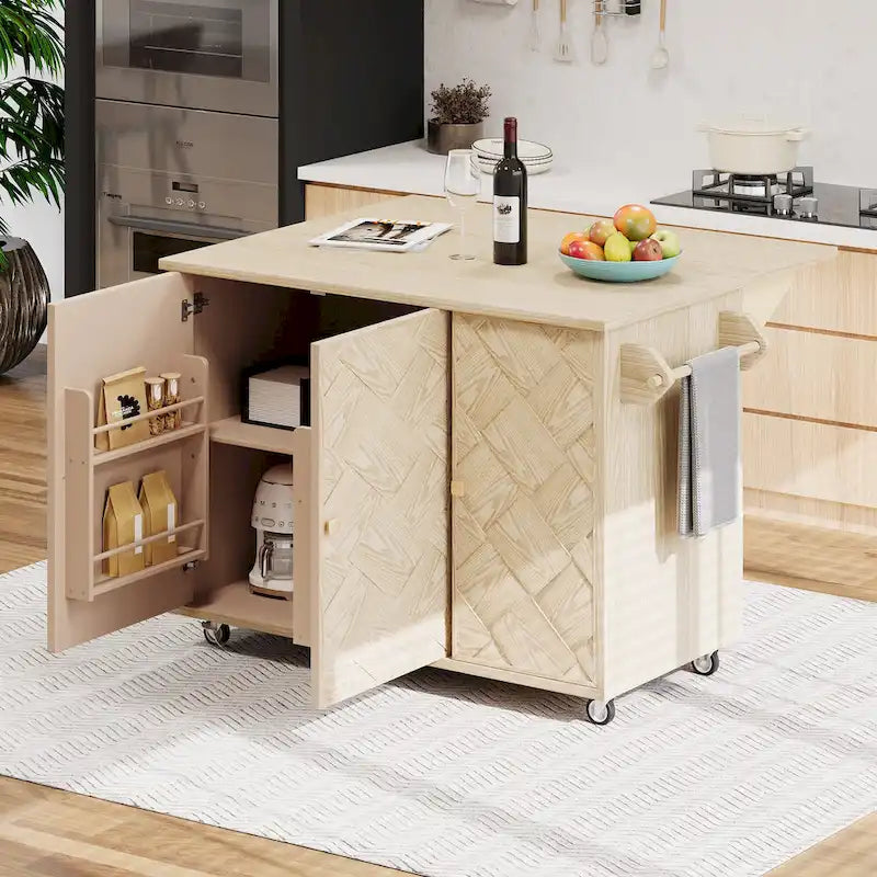 51.2-Inch Ash Veneer Kitchen Island with Drop Leaf, Stool Not Included