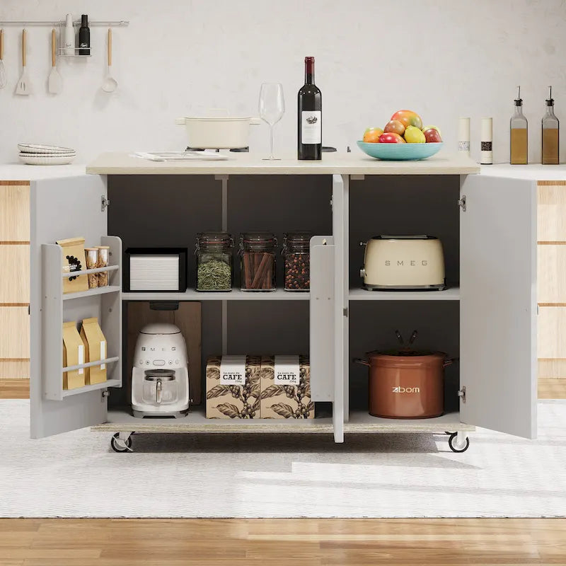 51.2-Inch Ash Veneer Kitchen Island with Drop Leaf, Stool Not Included