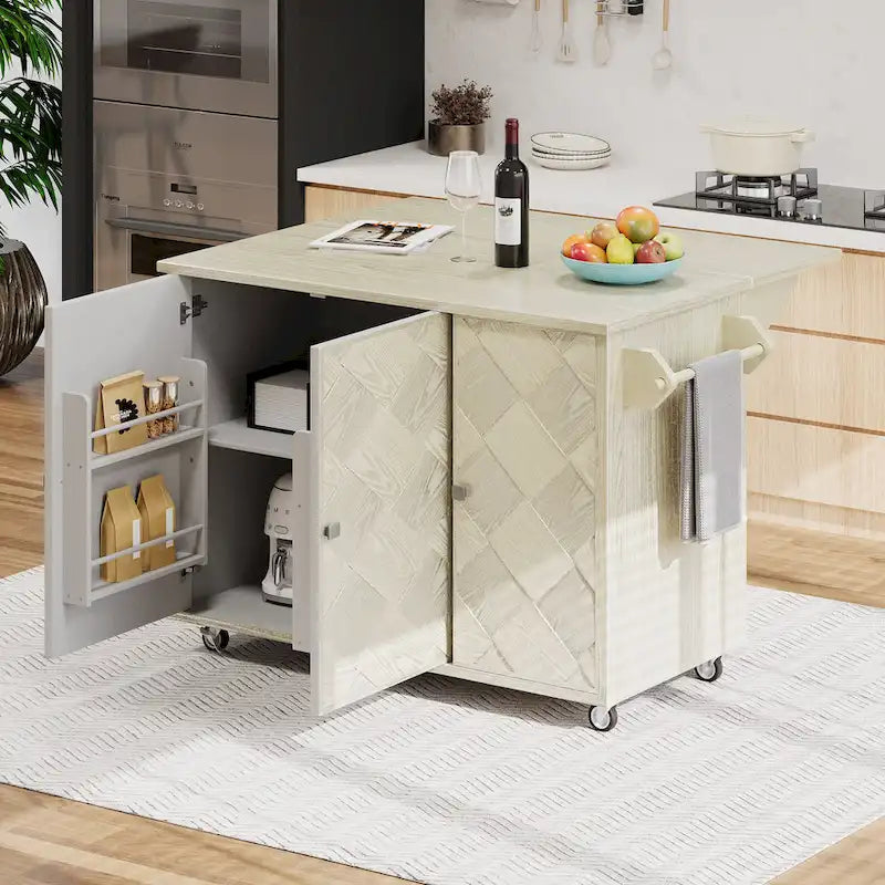 51.2-Inch Ash Veneer Kitchen Island with Drop Leaf, Stool Not Included