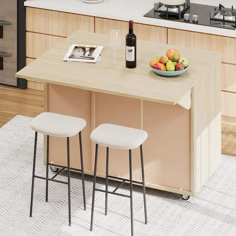 51.2-Inch Ash Veneer Kitchen Island with Drop Leaf, Stool Not Included