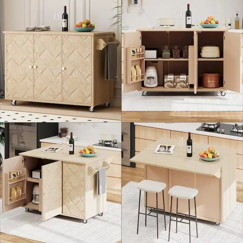 51.2-Inch Ash Veneer Kitchen Island with Drop Leaf, Stool Not Included