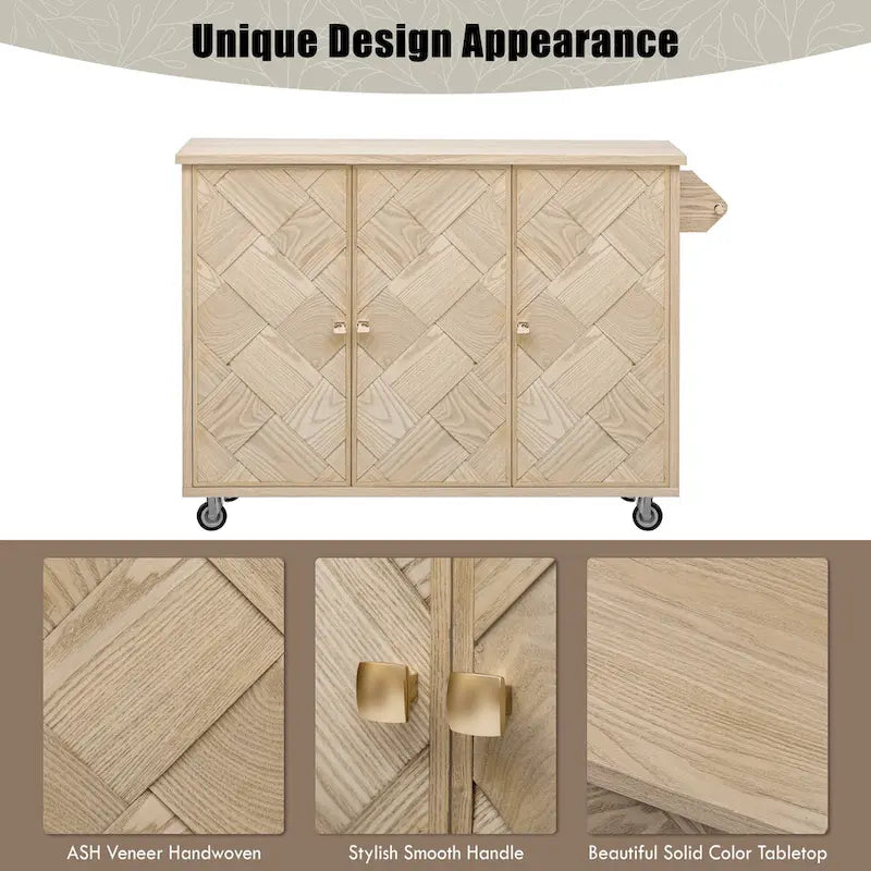 51.2-Inch Ash Veneer Kitchen Island with Drop Leaf, Stool Not Included