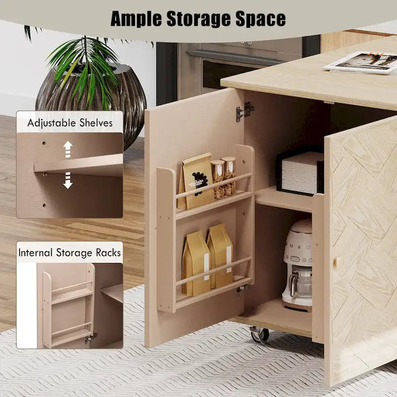 51.2-Inch Ash Veneer Kitchen Island with Drop Leaf, Stool Not Included