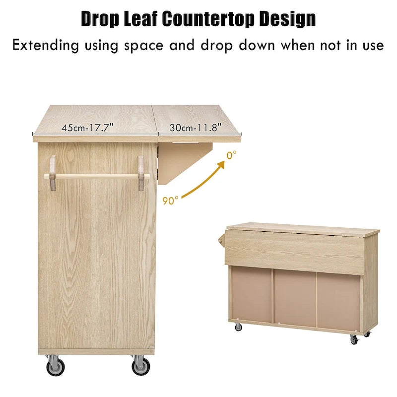 51.2-Inch Ash Veneer Kitchen Island with Drop Leaf, Stool Not Included