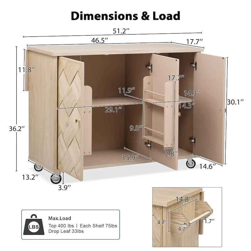 51.2-Inch Ash Veneer Kitchen Island with Drop Leaf, Stool Not Included