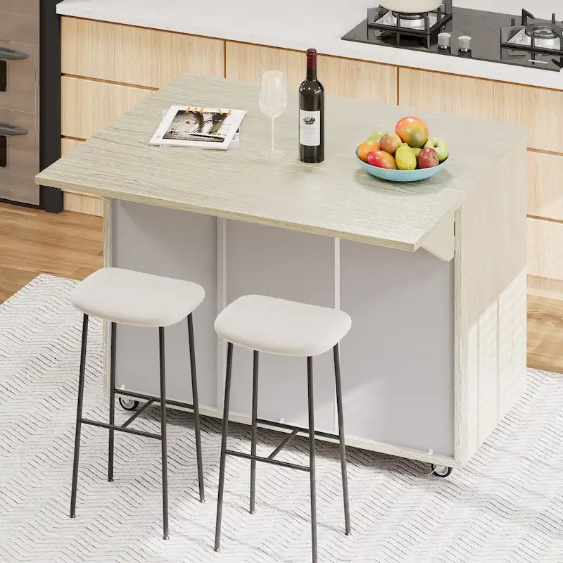 51.2-Inch Ash Veneer Kitchen Island with Drop Leaf, Stool Not Included