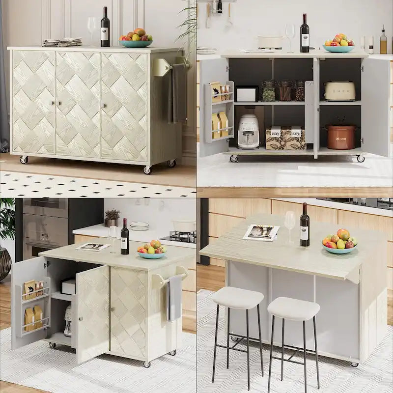 51.2-Inch Ash Veneer Kitchen Island with Drop Leaf, Stool Not Included