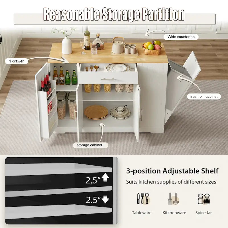 53-inch Large Kitchen Island with Trash Can Storage Cabinet(stool Not Included)