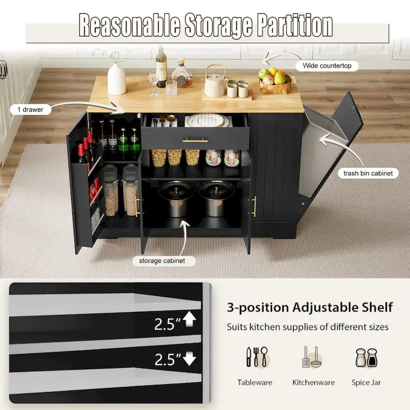 53-inch Large Kitchen Island with Trash Can Storage Cabinet(stool Not Included)