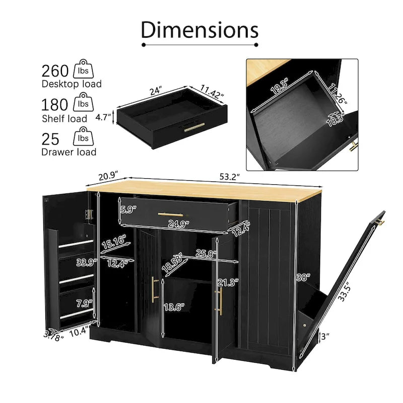 53-inch Large Kitchen Island with Trash Can Storage Cabinet(stool Not Included)