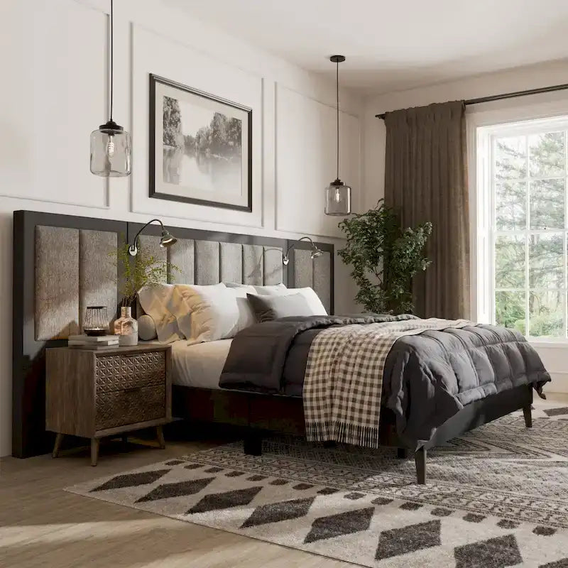 Modern Dark Brown Extended Wall Panel Bed with Reading Lights