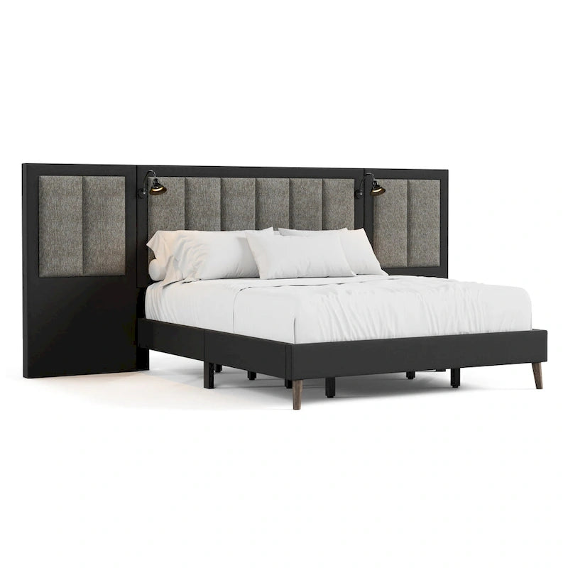 Modern Dark Brown Extended Wall Panel Bed with Reading Lights