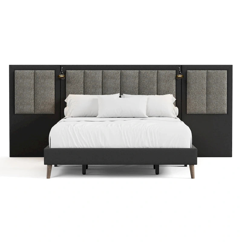 Modern Dark Brown Extended Wall Panel Bed with Reading Lights