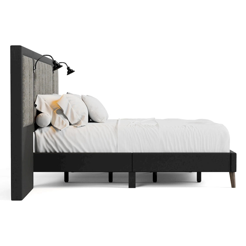 Modern Dark Brown Extended Wall Panel Bed with Reading Lights