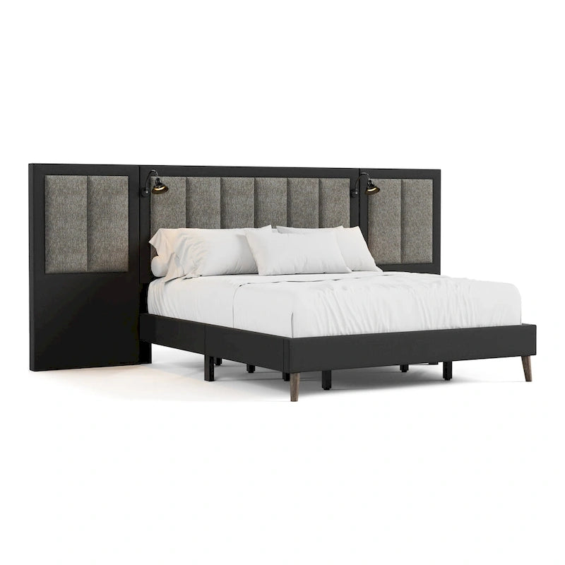 Modern Dark Brown Extended Wall Panel Bed with Reading Lights