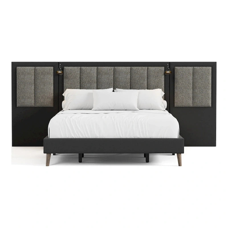 Modern Dark Brown Extended Wall Panel Bed with Reading Lights