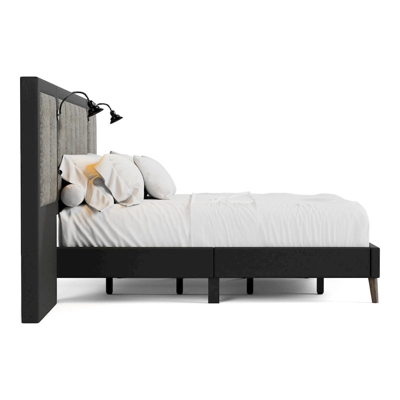 Modern Dark Brown Extended Wall Panel Bed with Reading Lights