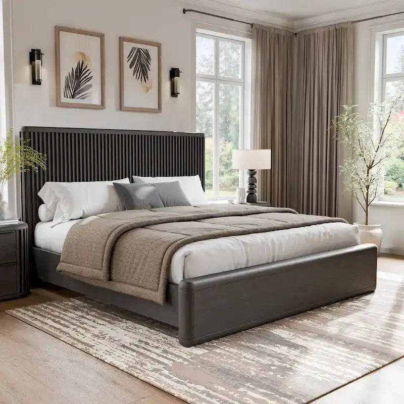 Modern Black Solid Wood Fluted Panel Bed