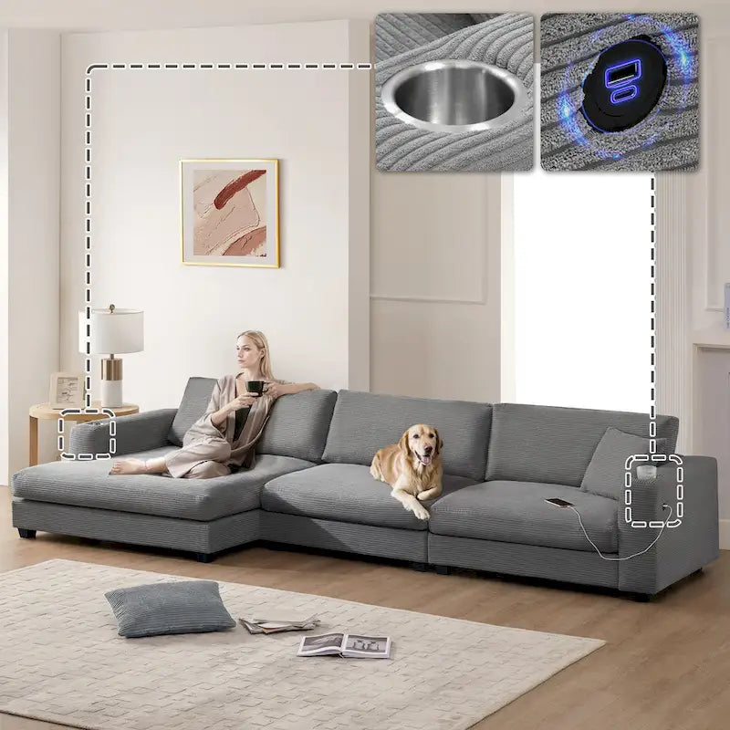 Couch Corduroy Sectional Sofa with USB, Chaise, Cup Holder