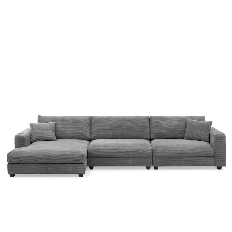 Couch Corduroy Sectional Sofa with USB, Chaise, Cup Holder