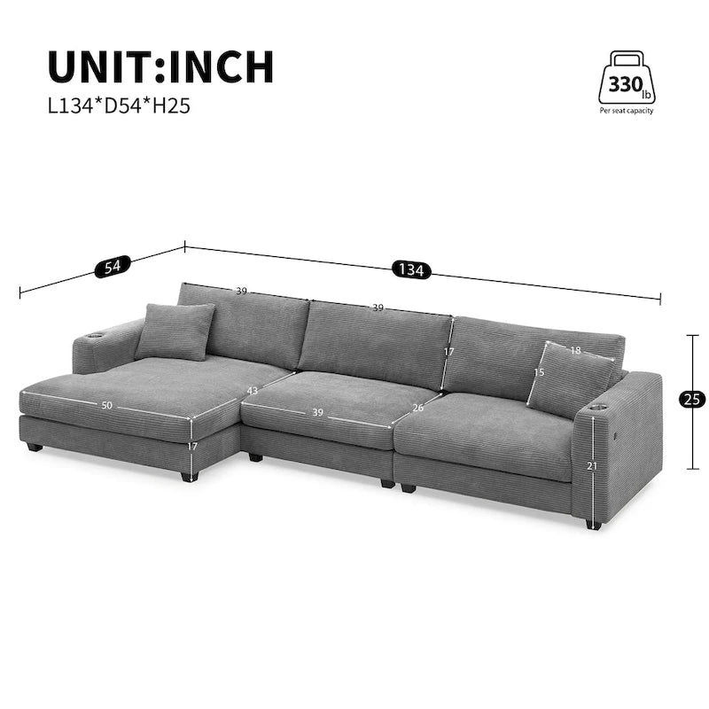 Couch Corduroy Sectional Sofa with USB, Chaise, Cup Holder