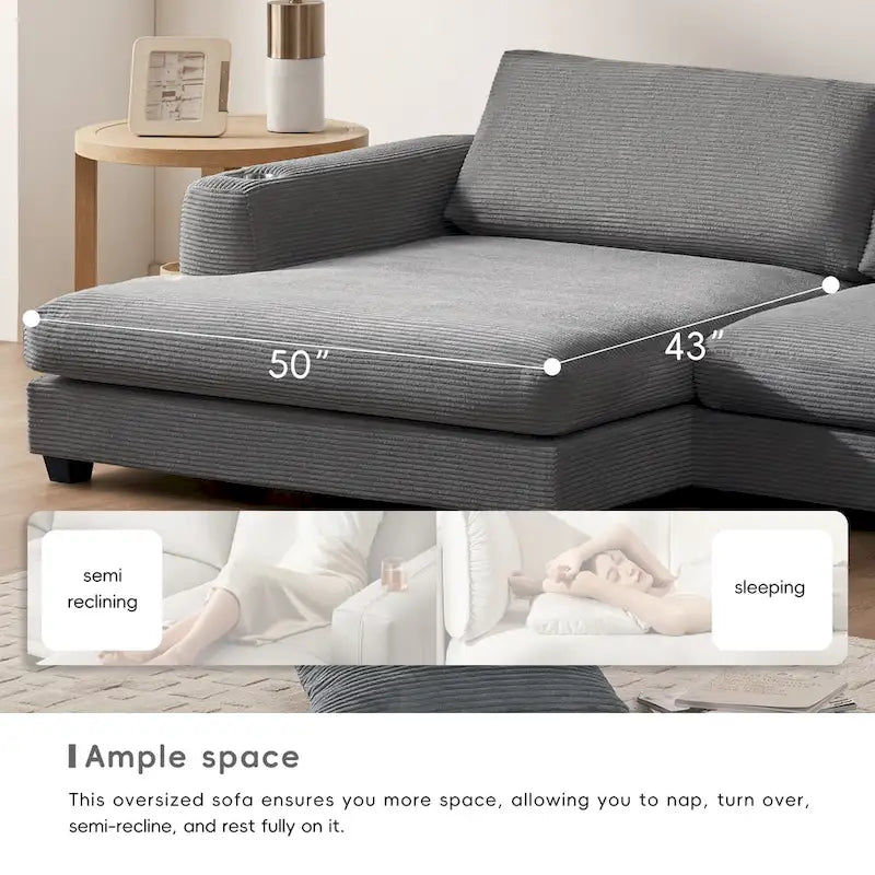 Couch Corduroy Sectional Sofa with USB, Chaise, Cup Holder