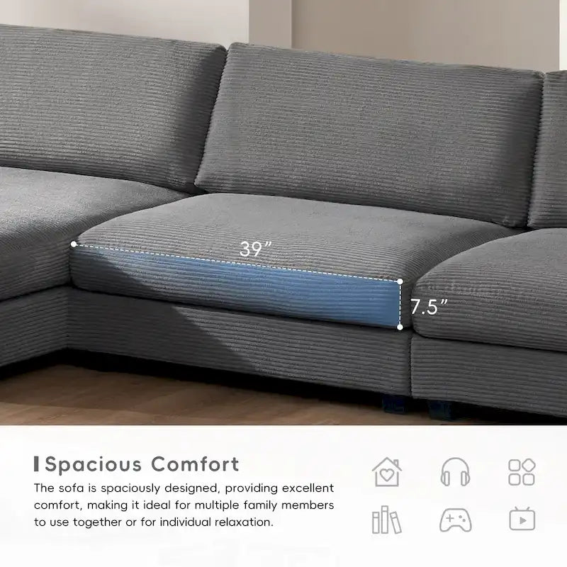 Couch Corduroy Sectional Sofa with USB, Chaise, Cup Holder