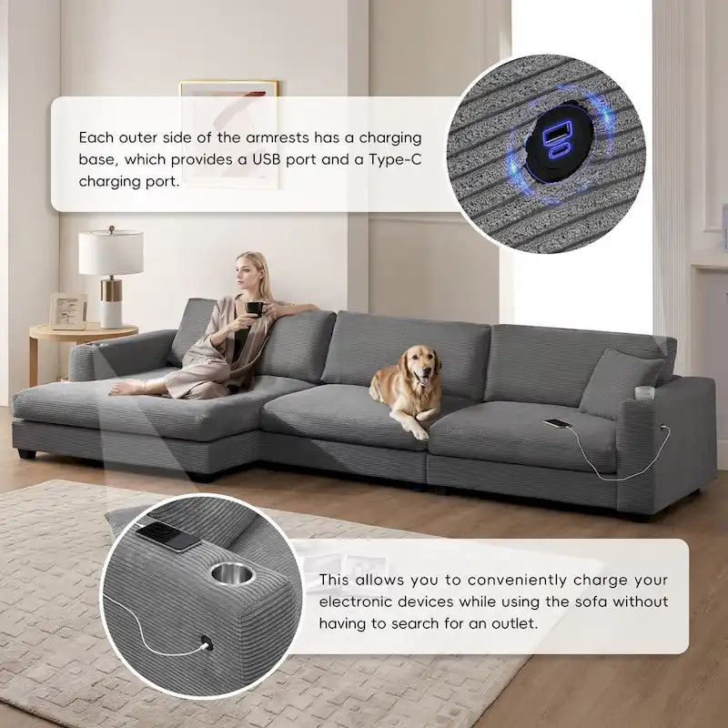 Couch Corduroy Sectional Sofa with USB, Chaise, Cup Holder
