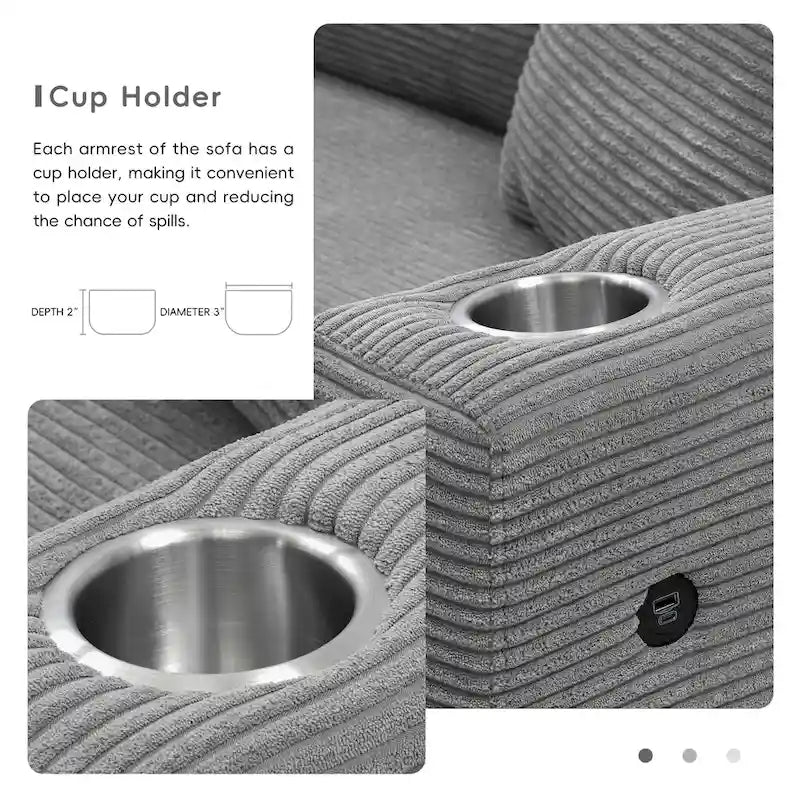 Couch Corduroy Sectional Sofa with USB, Chaise, Cup Holder