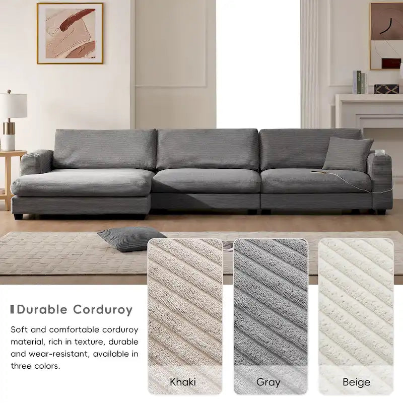 Couch Corduroy Sectional Sofa with USB, Chaise, Cup Holder