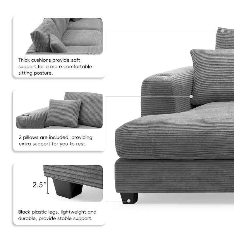 Couch Corduroy Sectional Sofa with USB, Chaise, Cup Holder