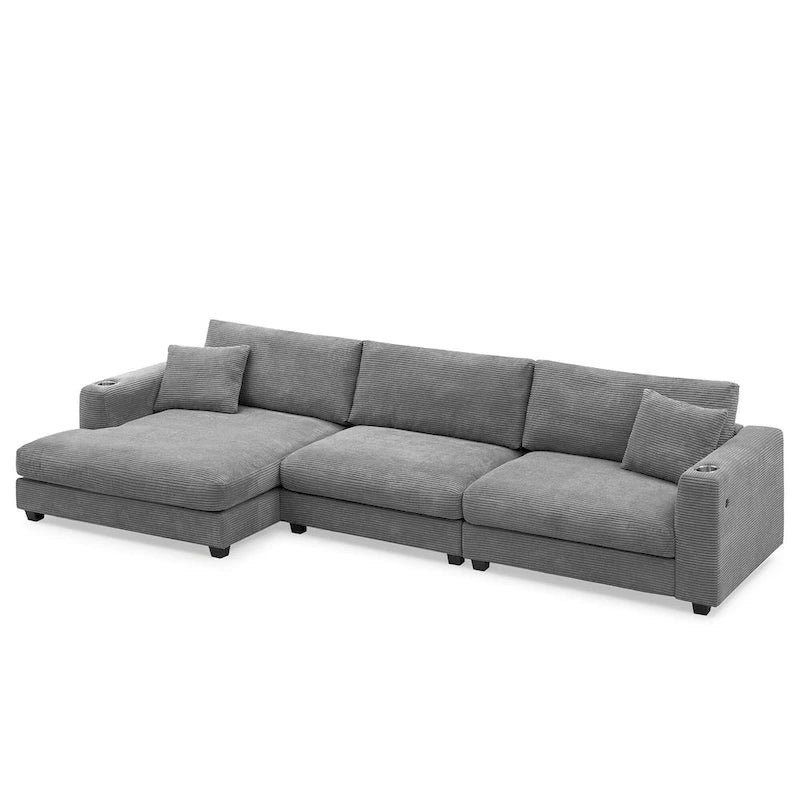Couch Corduroy Sectional Sofa with USB, Chaise, Cup Holder