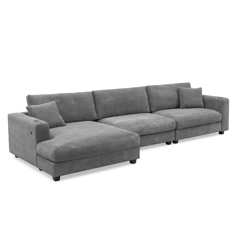 Couch Corduroy Sectional Sofa with USB, Chaise, Cup Holder