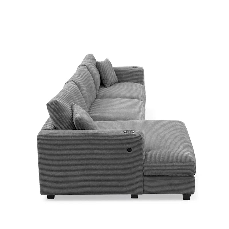 Couch Corduroy Sectional Sofa with USB, Chaise, Cup Holder