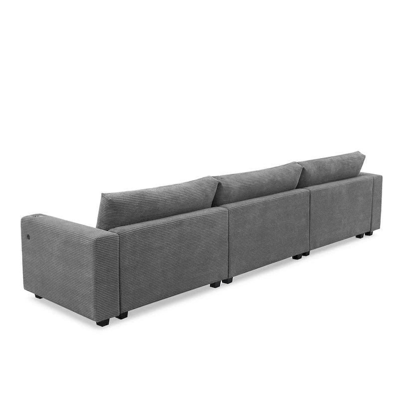 Couch Corduroy Sectional Sofa with USB, Chaise, Cup Holder