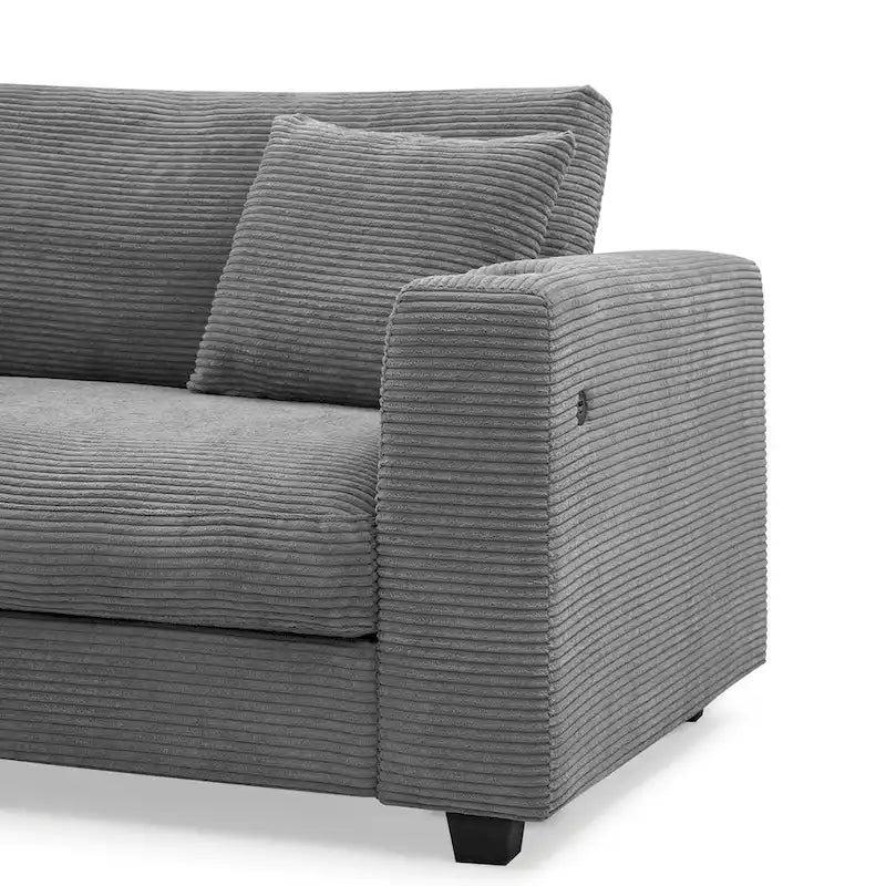 Couch Corduroy Sectional Sofa with USB, Chaise, Cup Holder