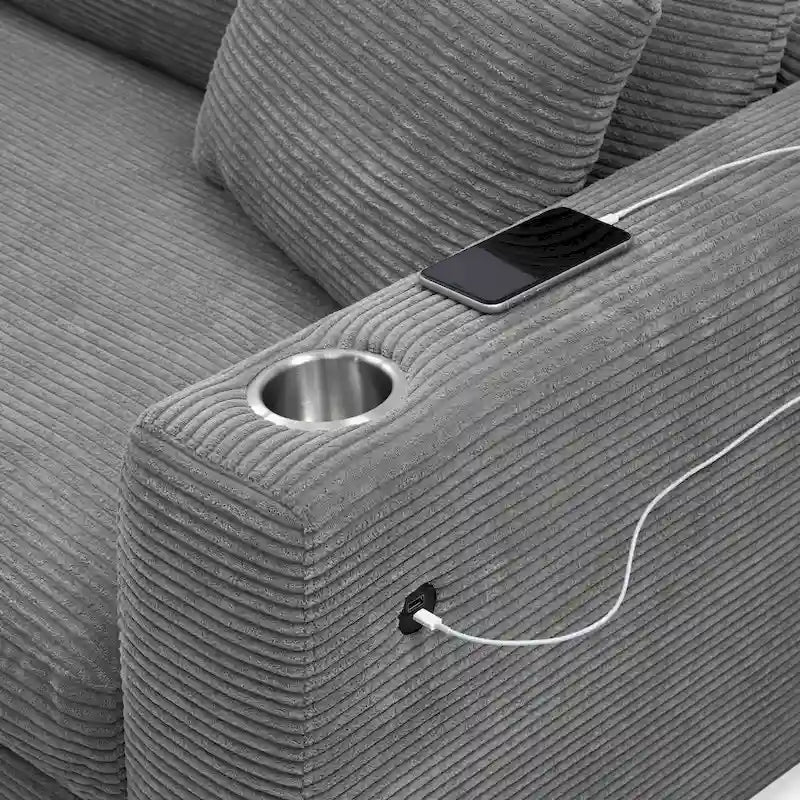 Couch Corduroy Sectional Sofa with USB, Chaise, Cup Holder