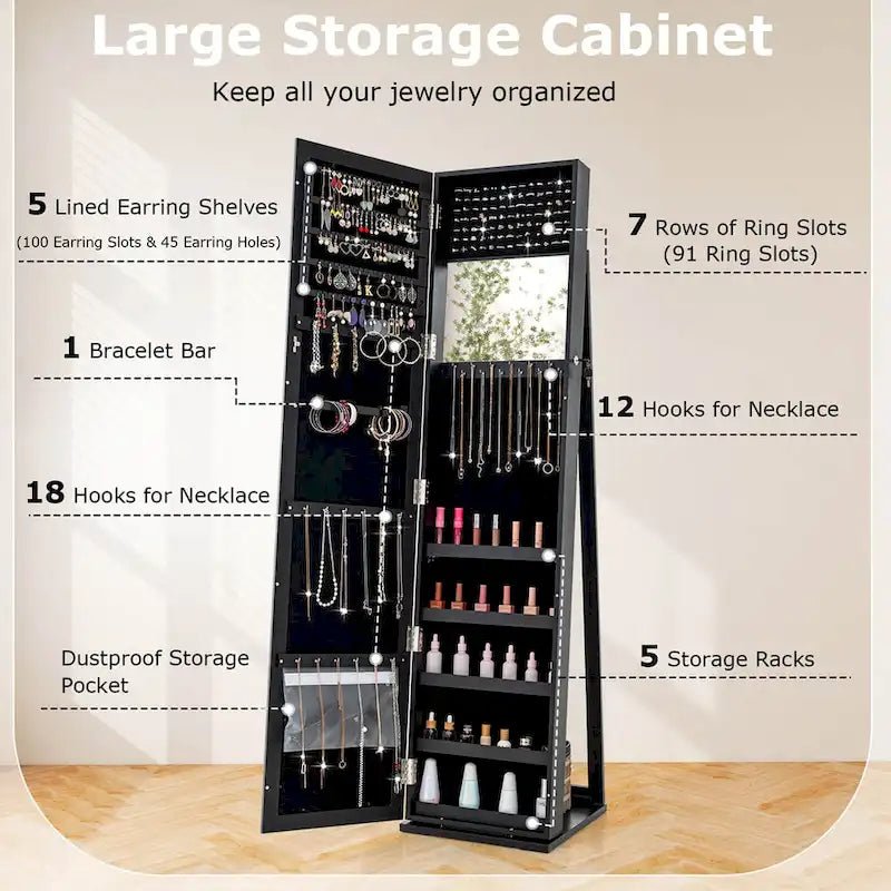Jewelry Cabinet Armoire Lockable Standing Storage - Black