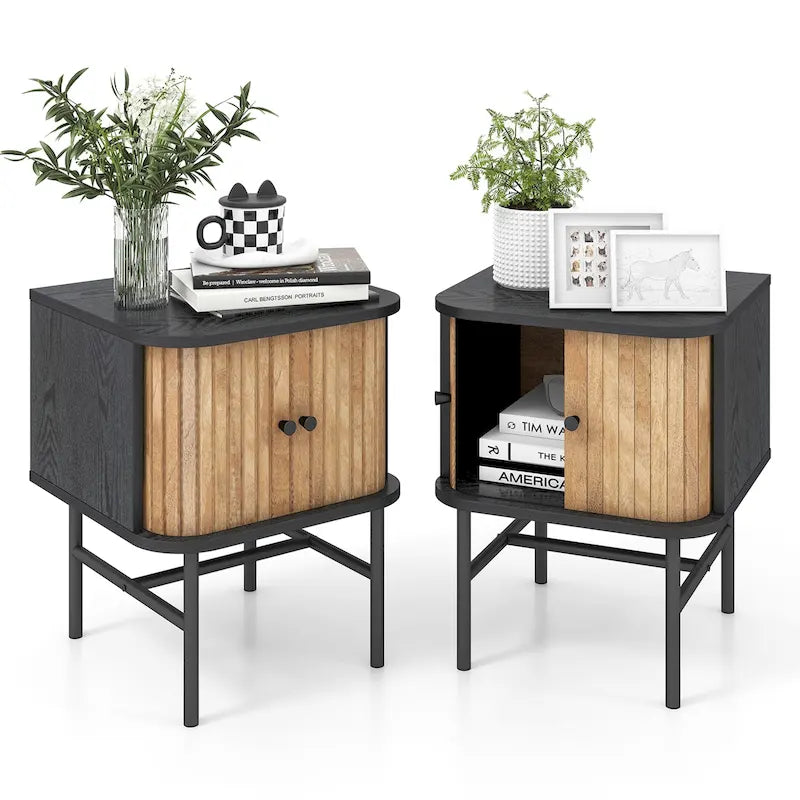 Set of 2 Nightstand Compact Modern End Side Table with Sliding