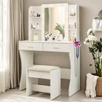 Vanity Desk with Mirror and Lights, Makeup Vanity with Power Outlet and Hair Dryer Rack, 2 Drawers and 6 Shelves, Cushioned Stool