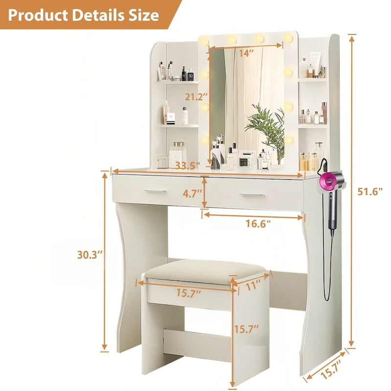 Vanity Desk with Mirror and Lights, Makeup Vanity with Power Outlet and Hair Dryer Rack, 2 Drawers and 6 Shelves, Cushioned Stool