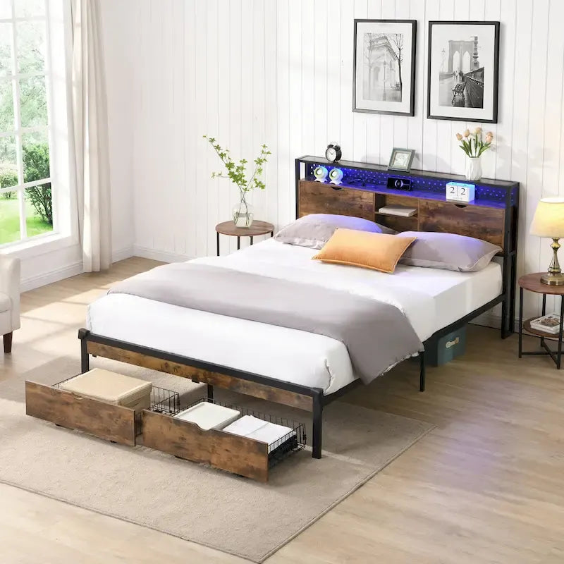 King Size Metal Platform Bed with Wooden Headboard, Drawers, and LEDs