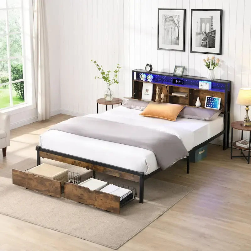 King Size Metal Platform Bed with Wooden Headboard, Drawers, and LEDs