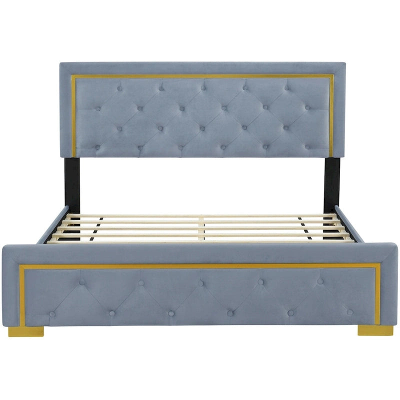 Queen Size Upholstered Platform Bed with Pull Point Headboard and Metal Wire Frame