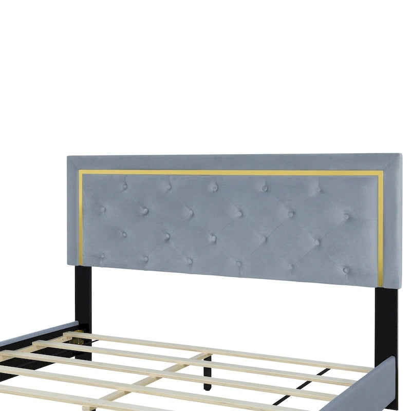 Queen Size Upholstered Platform Bed with Pull Point Headboard and Metal Wire Frame